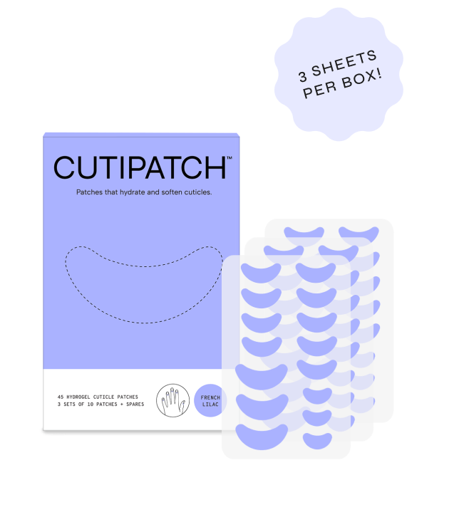 Cutipatch box packaging with 3 cuticle patch sheets next to it with 15 patches on each sheet on a white background, with a starburst top right that says '3 sheets per box!'.